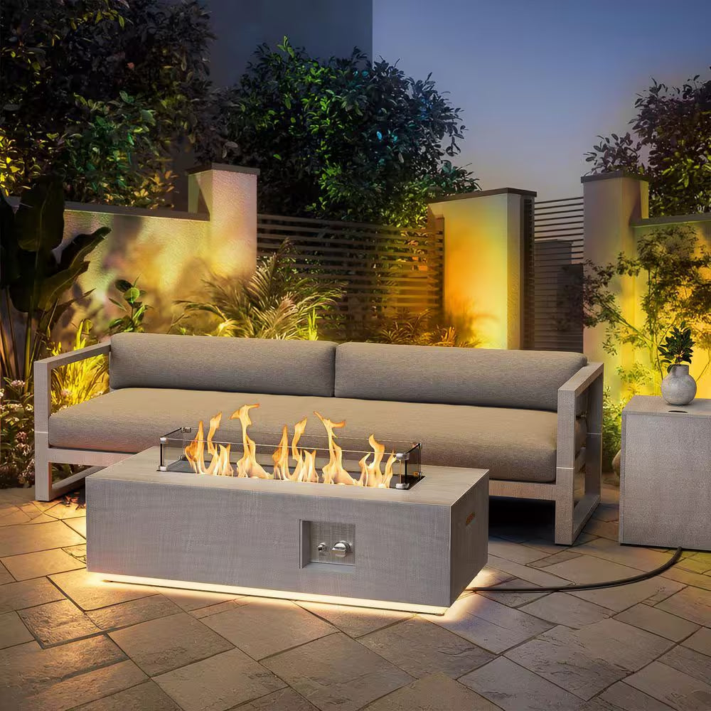 42 In. 50,000 BTU Rectangle Fire Pit Table in Gray Outdoor Propane Gas Fire Pit Table with LED Light