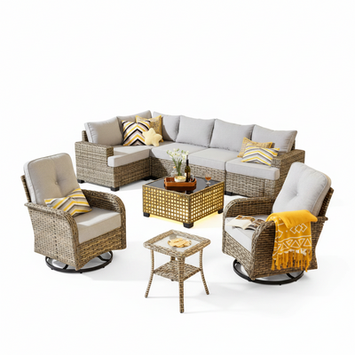 Patio Furniture Set Built for Outdoor Living, 9 Piece Modular Design, Swivel Chairs, Steel Frame