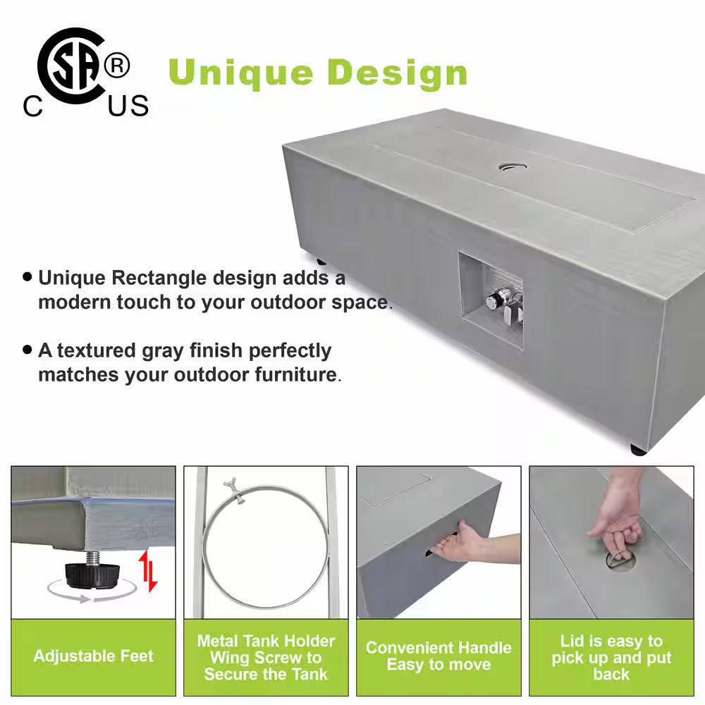 42 In. 50,000 BTU Rectangle Fire Pit Table in Gray Outdoor Propane Gas Fire Pit Table with LED Light
