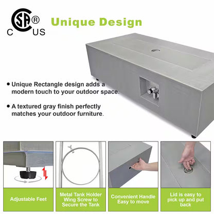 42 In. 50,000 BTU Rectangle Fire Pit Table in Gray Outdoor Propane Gas Fire Pit Table with LED Light