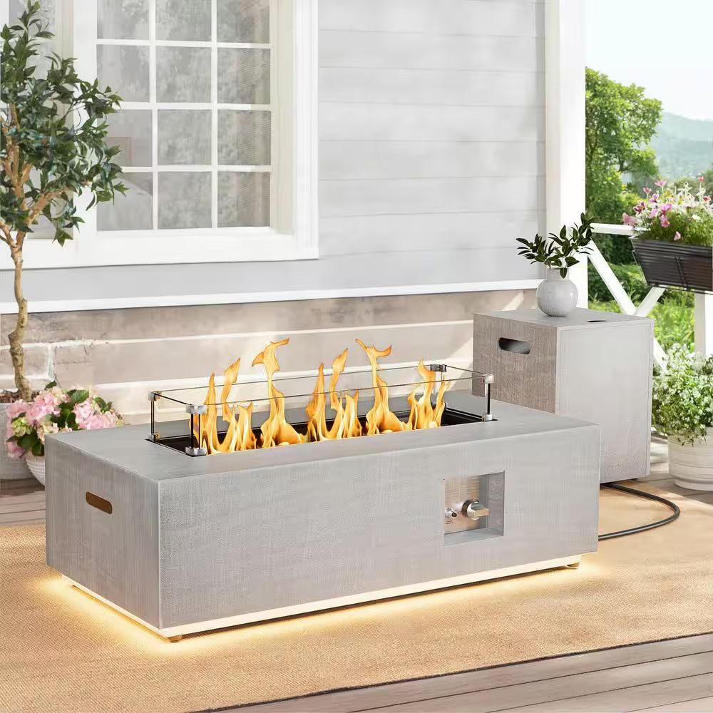 42 In. 50,000 BTU Rectangle Fire Pit Table in Gray Outdoor Propane Gas Fire Pit Table with LED Light