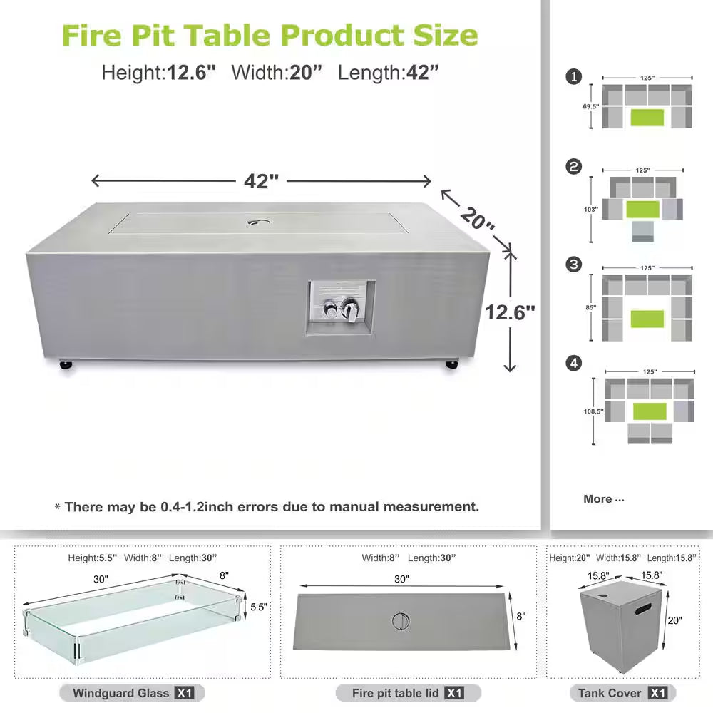 42 In. 50,000 BTU Rectangle Fire Pit Table in Gray Outdoor Propane Gas Fire Pit Table with LED Light