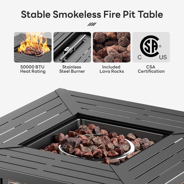 30 Inch Fire Pit Table, Propane Gas Fire Pit Table with 50,000 BTU, Outdoor Patio Firepit Table with Cover Plate, Square Fire Table for Patio, Deck, Backyard