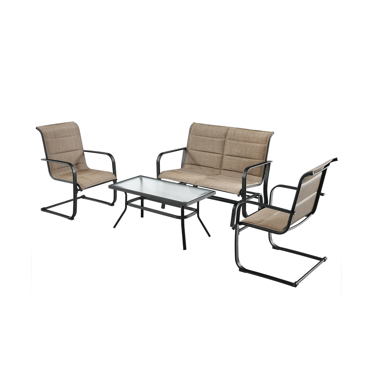 4 Pieces Outdoor Patio Furniture Set with Padded Glider Loveseat and Coffee Table-Brown