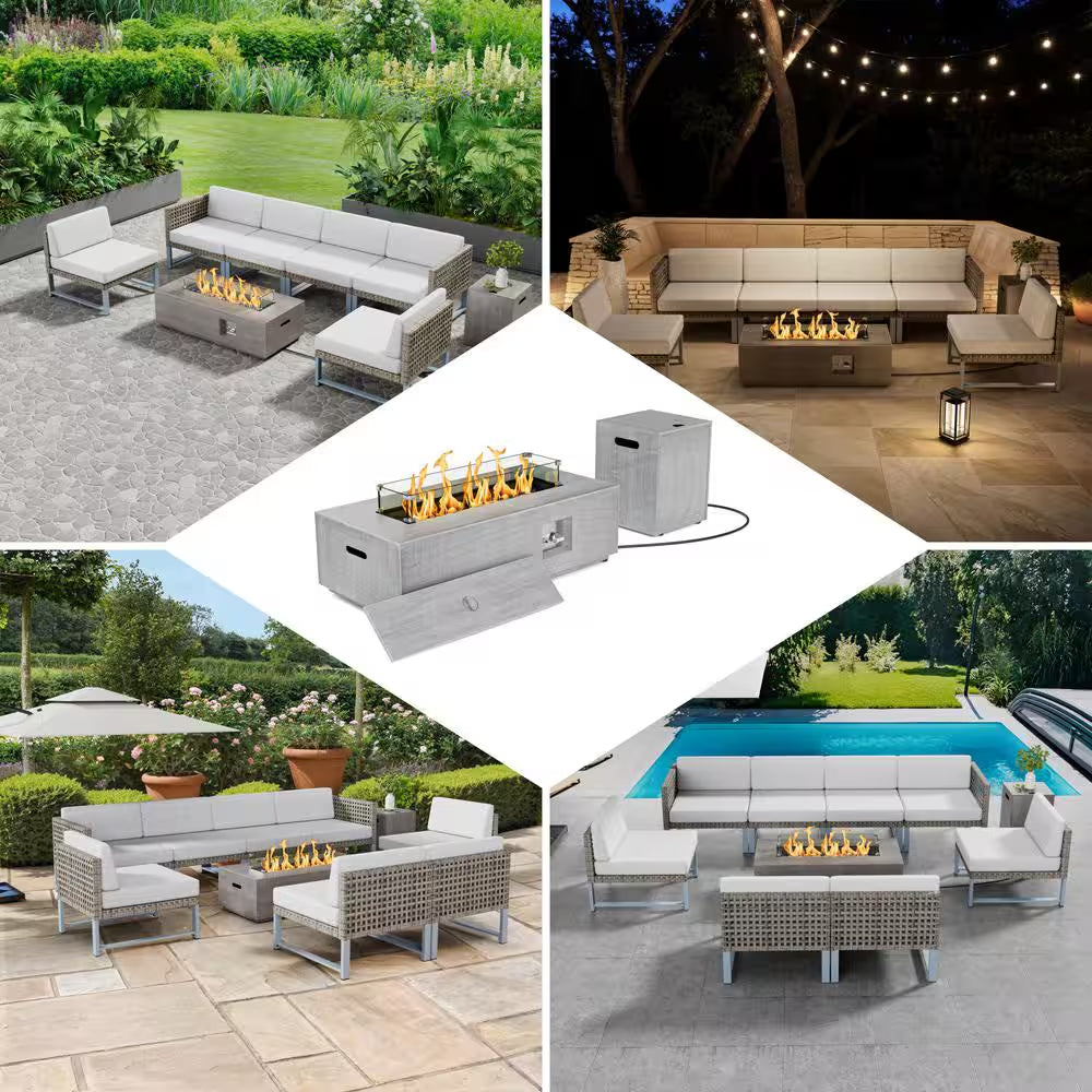42 In. 50,000 BTU Rectangle Fire Pit Table in Gray Outdoor Propane Gas Fire Pit Table with LED Light