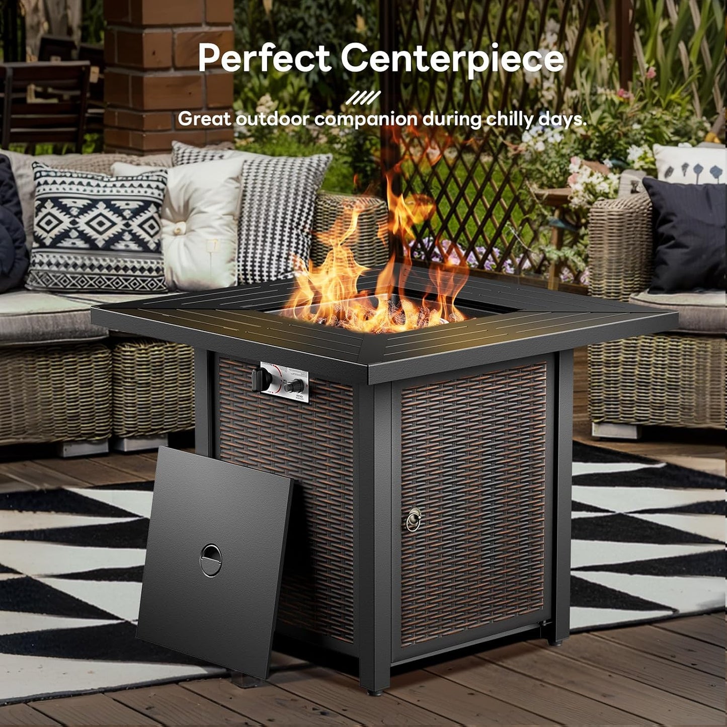 30 Inch Fire Pit Table, Propane Gas Fire Pit Table with 50,000 BTU, Outdoor Patio Firepit Table with Cover Plate, Square Fire Table for Patio, Deck, Backyard