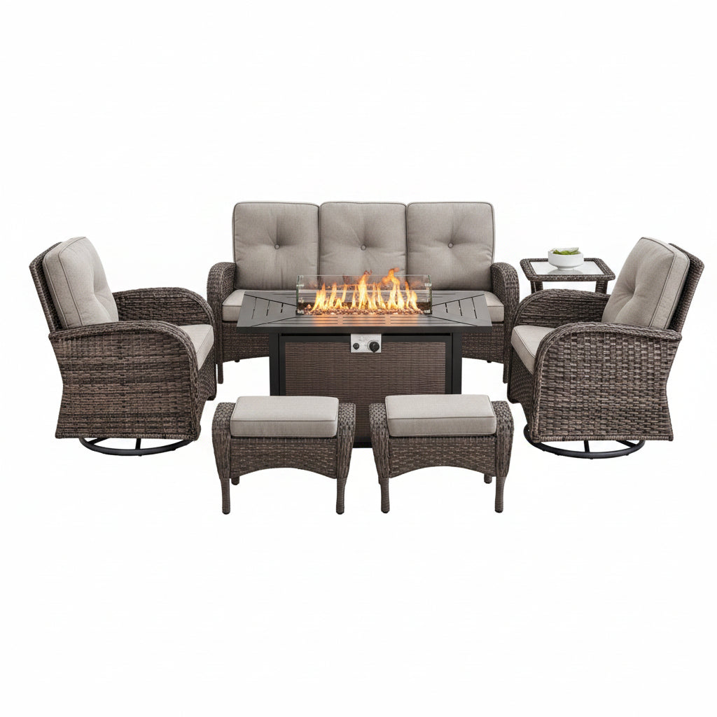Outdoor Patio Furniture Set Built for Year-Round Gatherings, 7 Piece with Fire Pit, Swivel Chairs, 50,000 BTU