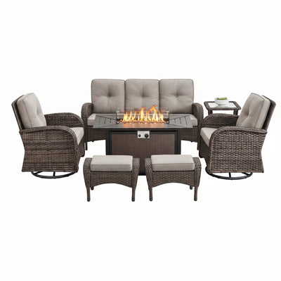 Outdoor Patio Furniture Set Built for Year-Round Gatherings, 7 Piece with Fire Pit, Swivel Chairs, 50,000 BTU