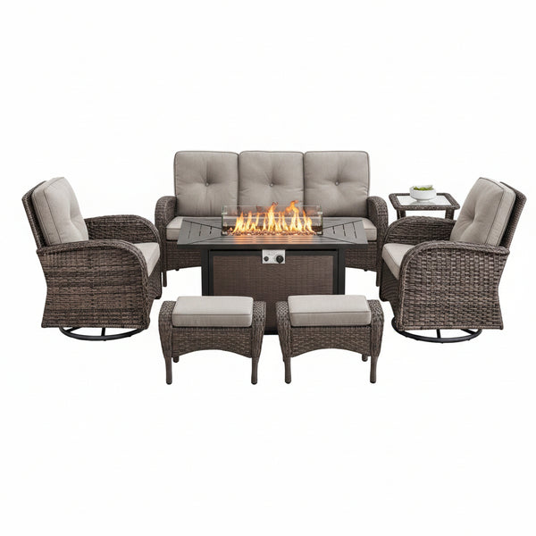 Outdoor Patio Furniture Set Built for Year-Round Gatherings, 7 Piece with Fire Pit, Swivel Chairs, 50,000 BTU
