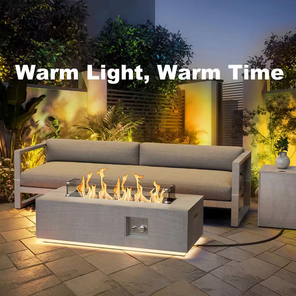 42 In. 50,000 BTU Rectangle Fire Pit Table in Gray Outdoor Propane Gas Fire Pit Table with LED Light