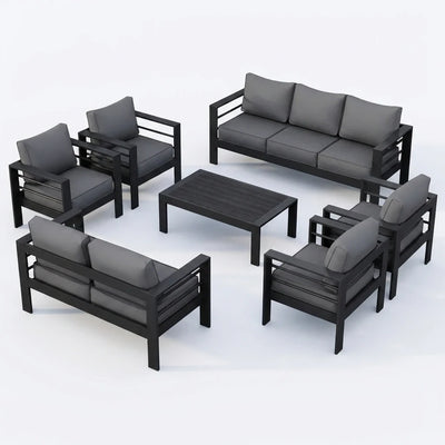 Aluminum Patio Furniture Set Built for All Weather, 7 Piece, Waterproof Covers, 5-Inch Cushions, 9 Seats