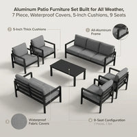 Aluminum Patio Furniture Set Built for All Weather, 7 Piece, Waterproof Covers, 5-Inch Cushions, 9 Seats — infographic