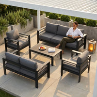 Aluminum Patio Furniture Set Built for All Weather, 7 Piece, Waterproof Covers, 5-Inch Cushions, 9 Seats — Lifestyle