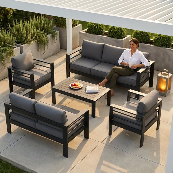 Aluminum Patio Furniture Set Built for All Weather, 7 Piece, Waterproof Covers, 5-Inch Cushions, 9 Seats