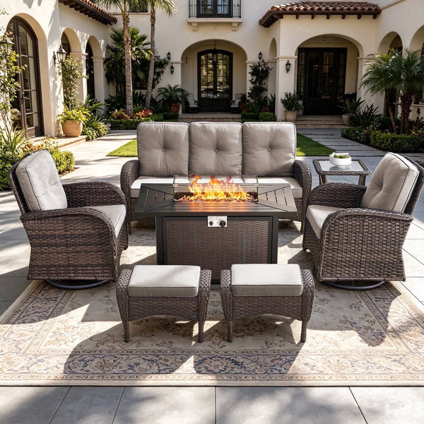 Outdoor Patio Furniture Set Built for Year-Round Gatherings, 7 Piece with Fire Pit, Swivel Chairs, 50,000 BTU