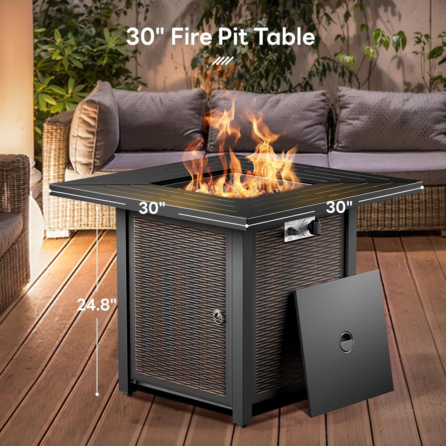 30 Inch Fire Pit Table, Propane Gas Fire Pit Table with 50,000 BTU, Outdoor Patio Firepit Table with Cover Plate, Square Fire Table for Patio, Deck, Backyard