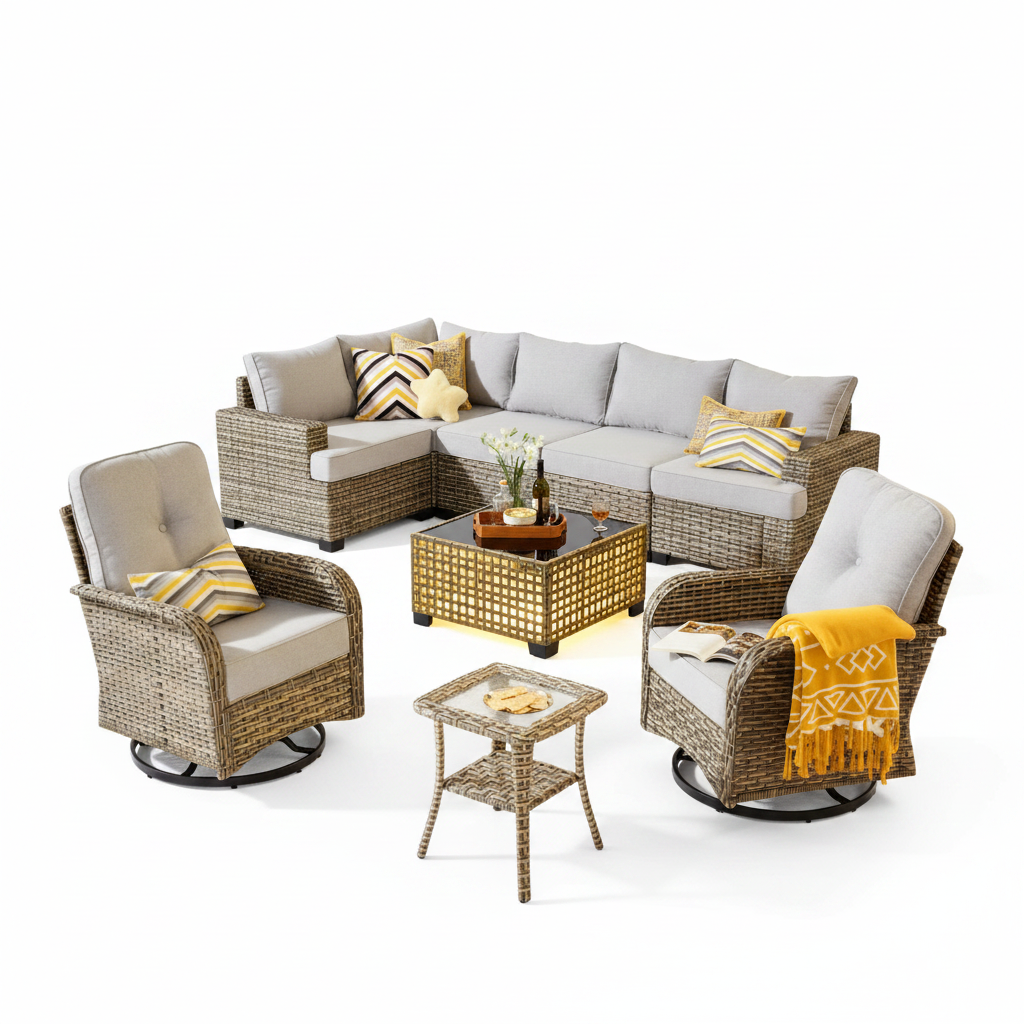Patio Furniture Set Built for Outdoor Living, 9 Piece Modular Design, Swivel Chairs, Steel Frame